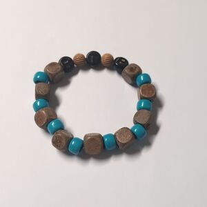 35 Blue and Brown Wood Beaded Stretch‎ Bracelet with Black RTP Initials